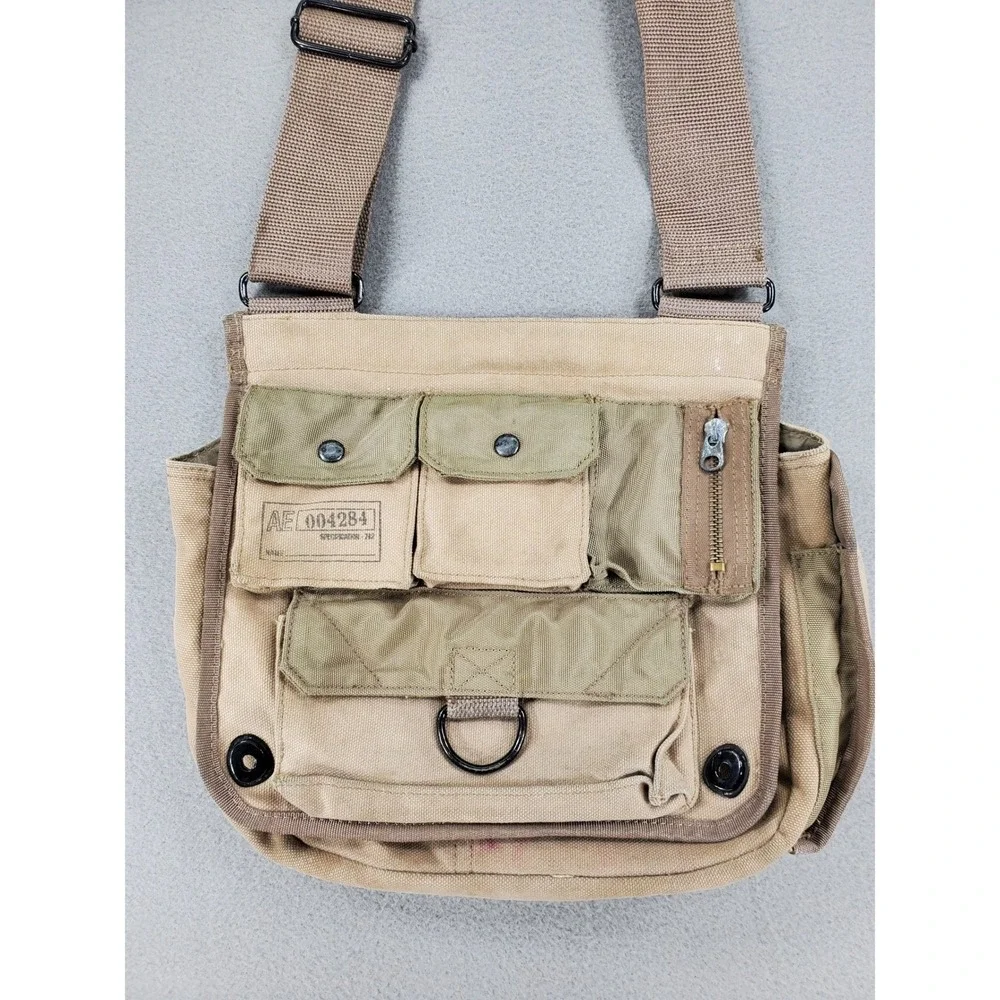 American Eagle Messenger Bag Khaki Canvas Military Utility Multi Pocket VTG Army